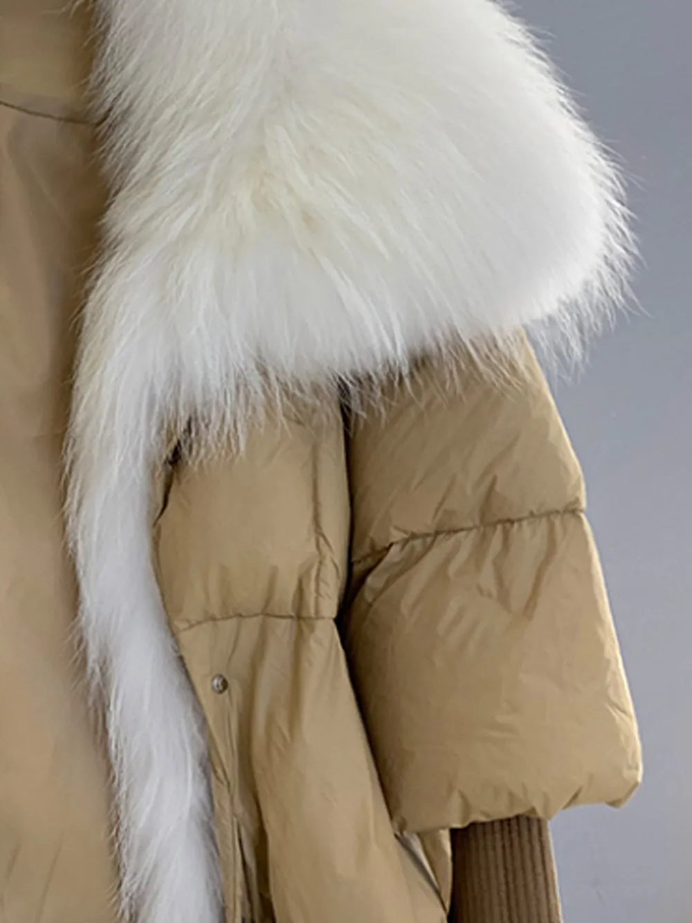 Fur Trim Puffer Jacket in Tan & White