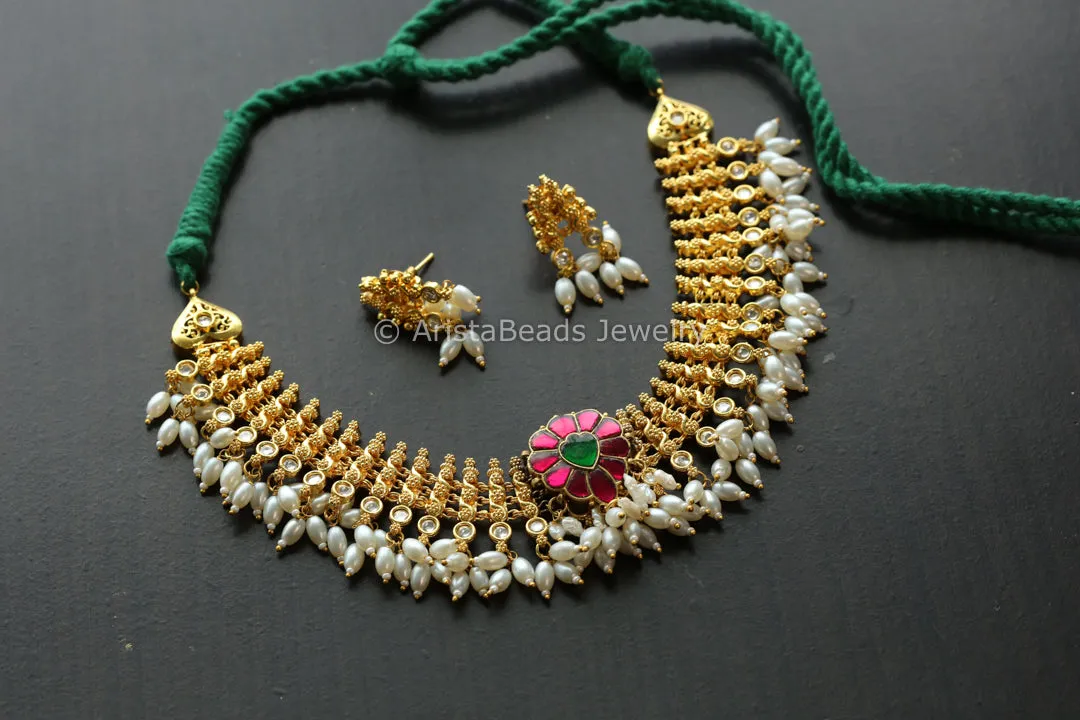 Gold Fusion Jadau Kundan Necklace Set - Style 2