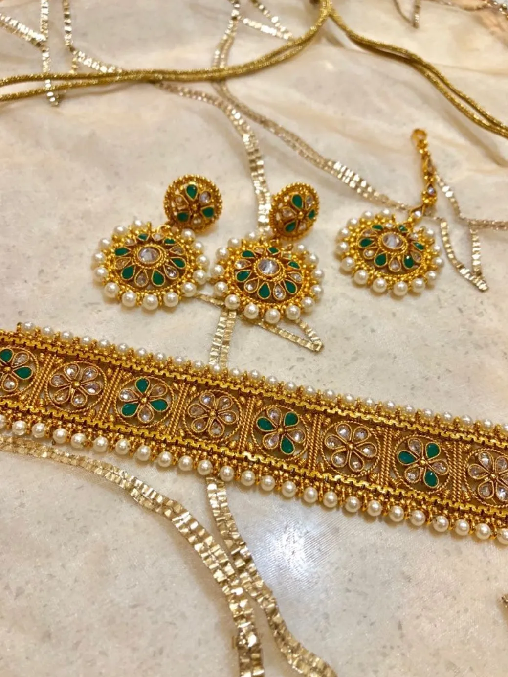 Golden Polki Necklace, Green Tumbled Drop Earrings and Maang Tikka Set