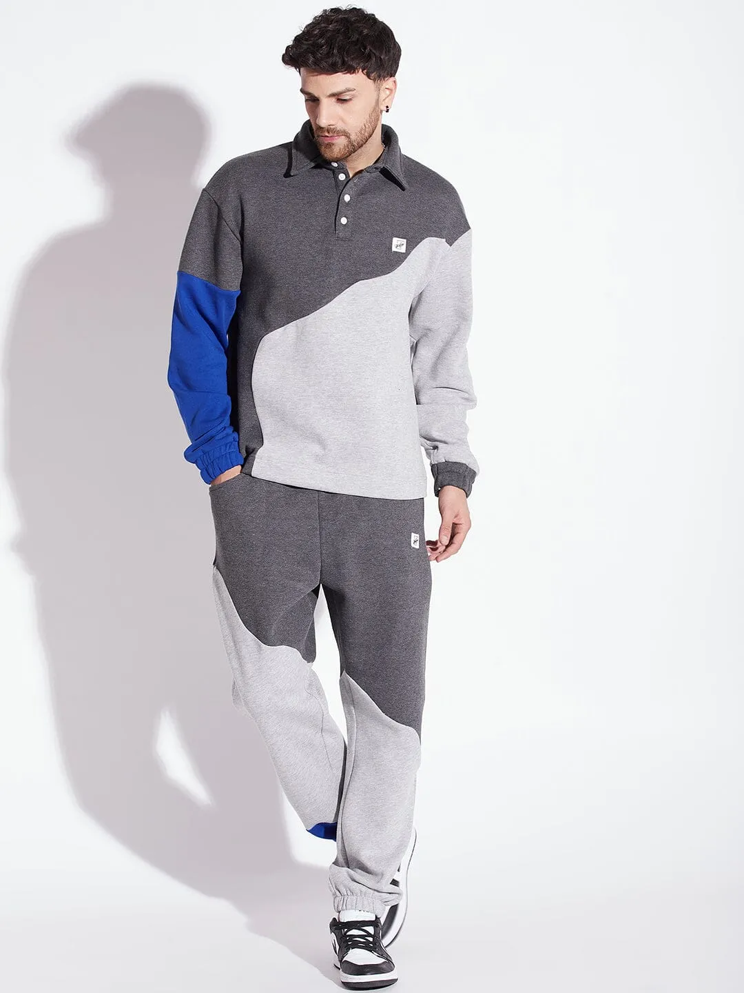 Grey Cut Sew Polo Collared relaxed Tracksuit