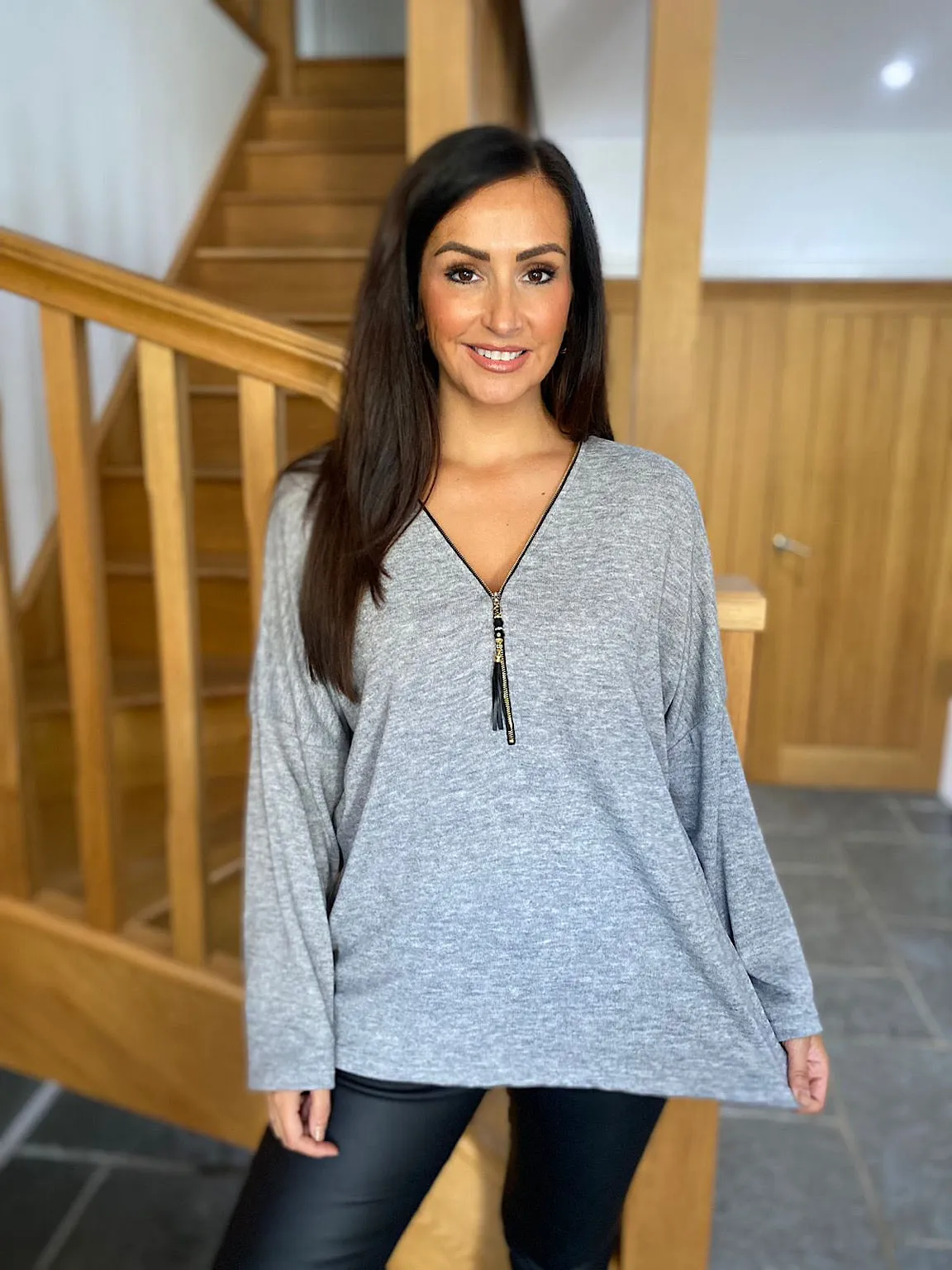 Grey Tassel Zip Top Sinead