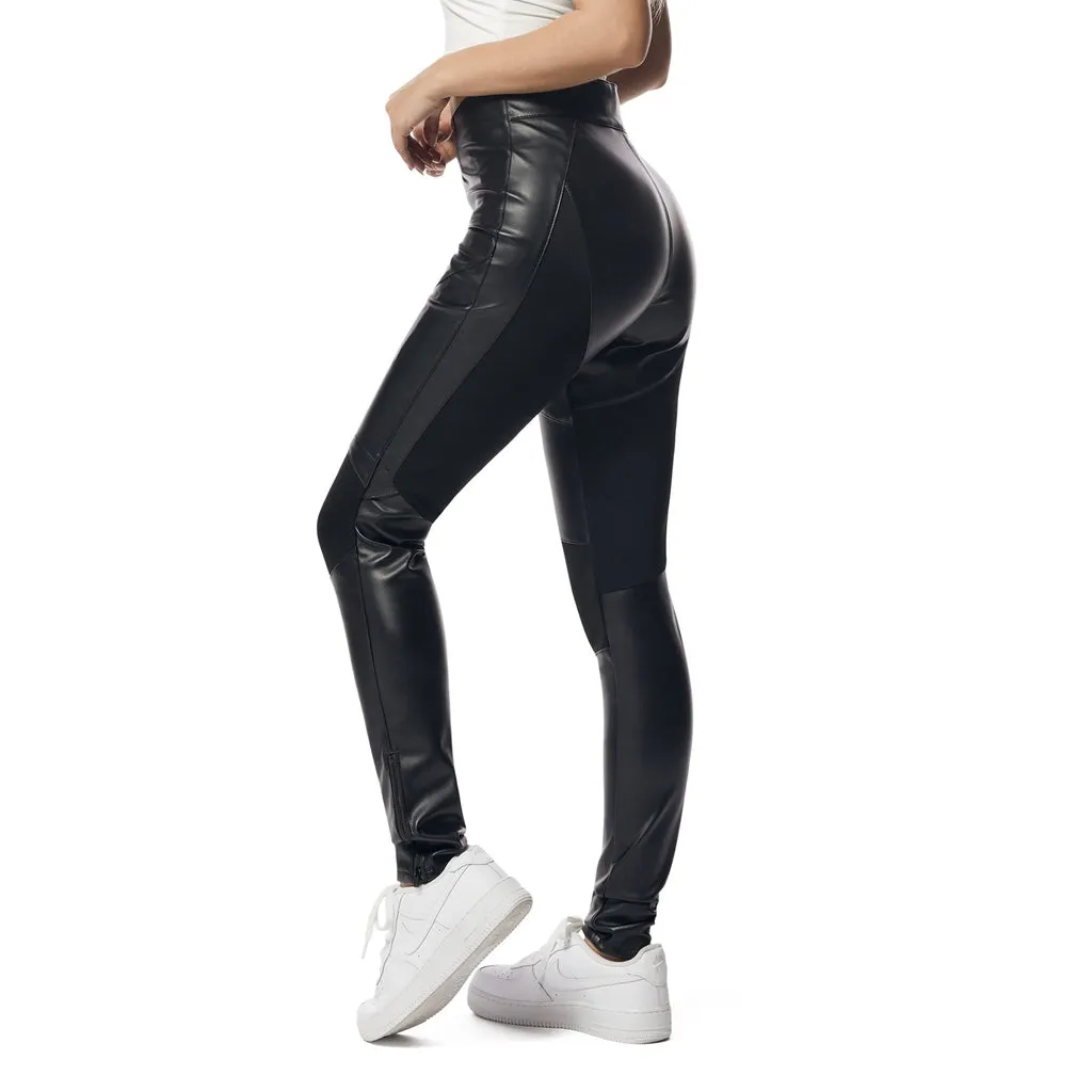 High Rise Super Skinny Vegan Leather Racing Pants - Black