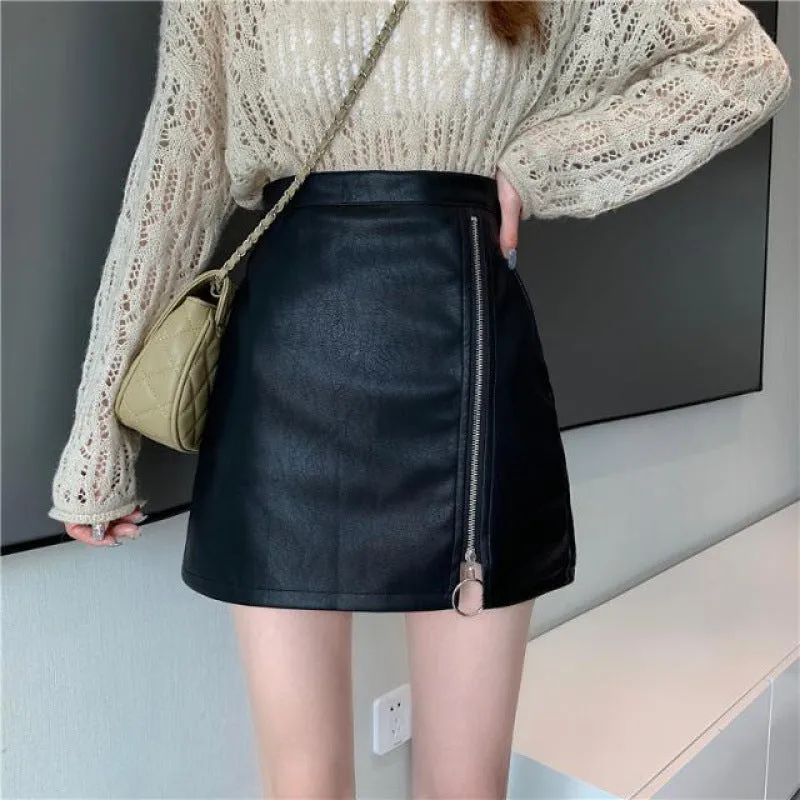 Irregular Zipper Slim Leather Skirt