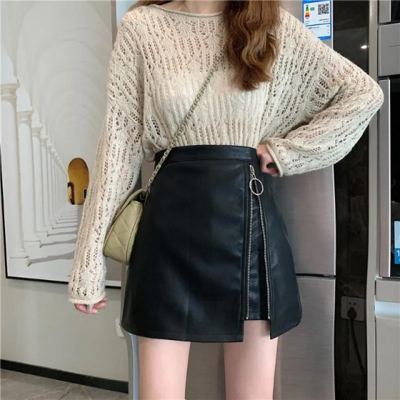 Irregular Zipper Slim Leather Skirt