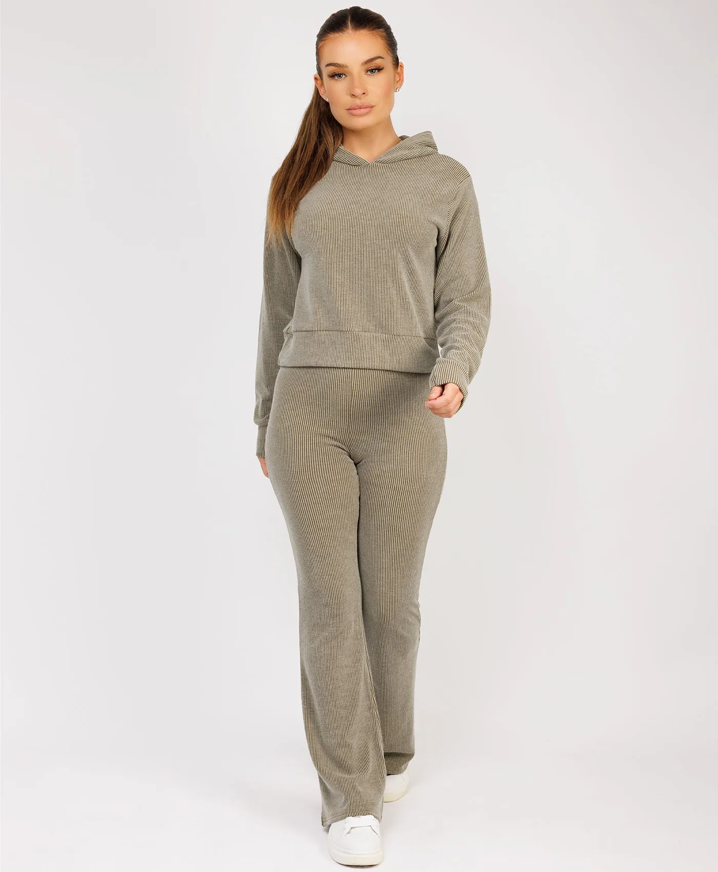 Khaki Ribbed Hoody & Skinny Flare Trousers Loungewear Set