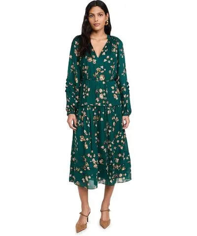 La Ligne Silk Dress With Shirring Petrol Floral L