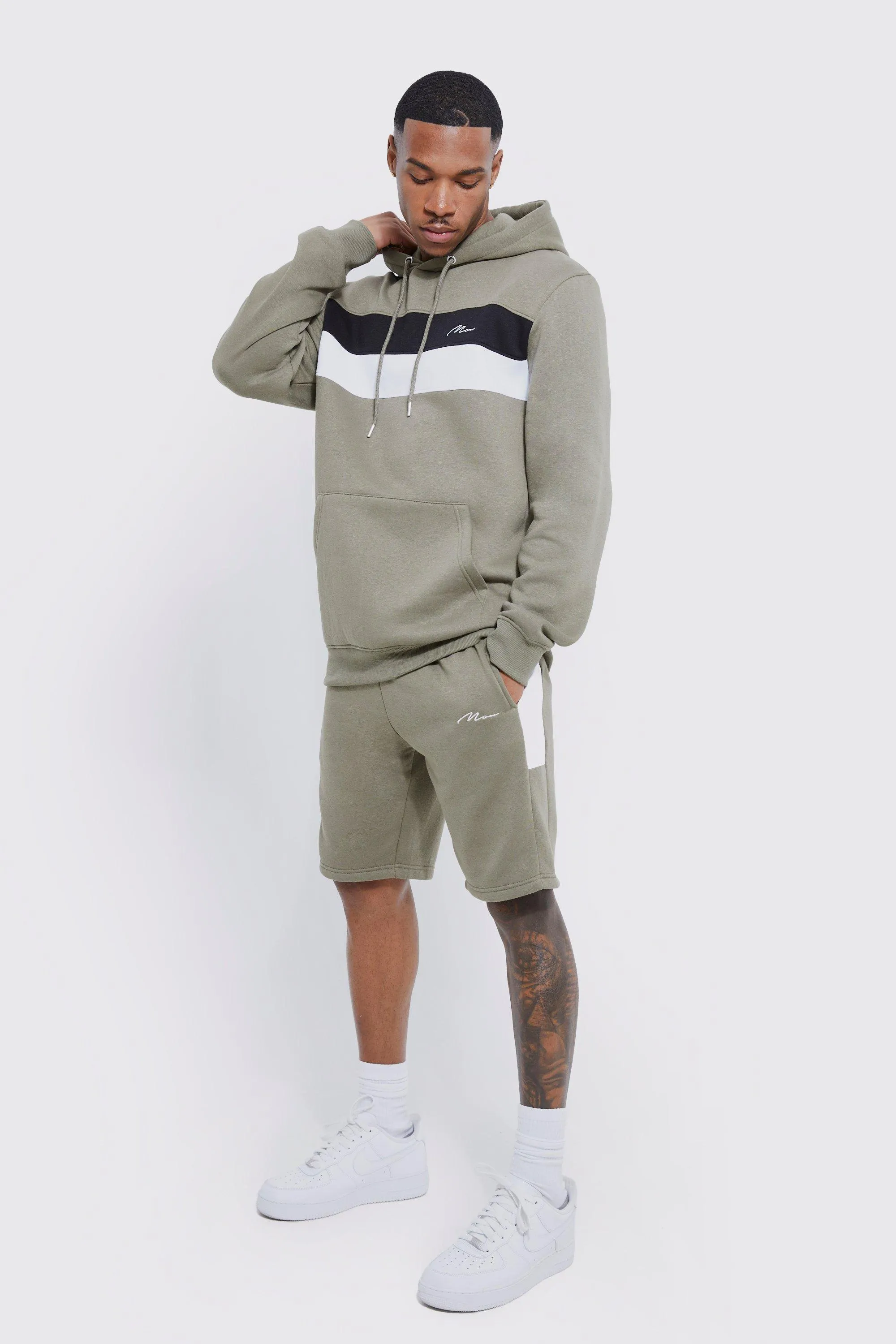 Lightweight Man Panel Hooded Short Tracksuit | boohooMAN UK