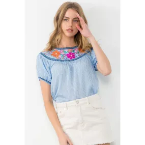 Lizzie Embroidered Puff Sleeve THML Top