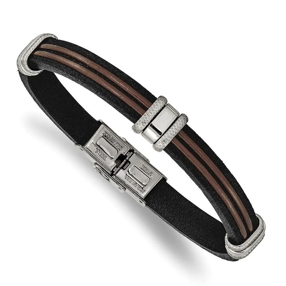 Men's 8mm Stainless Steel, Black & Brown Leather Bracelet, 8.25 Inch