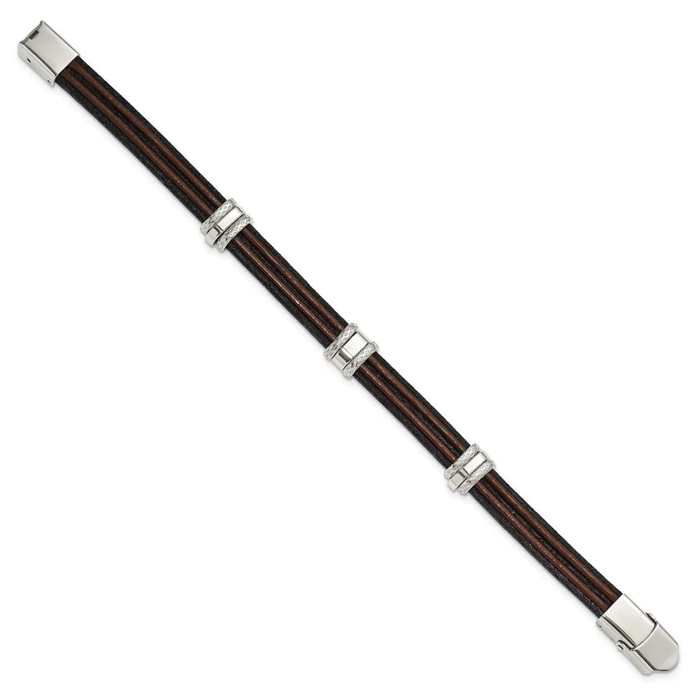 Men's 8mm Stainless Steel, Black & Brown Leather Bracelet, 8.25 Inch