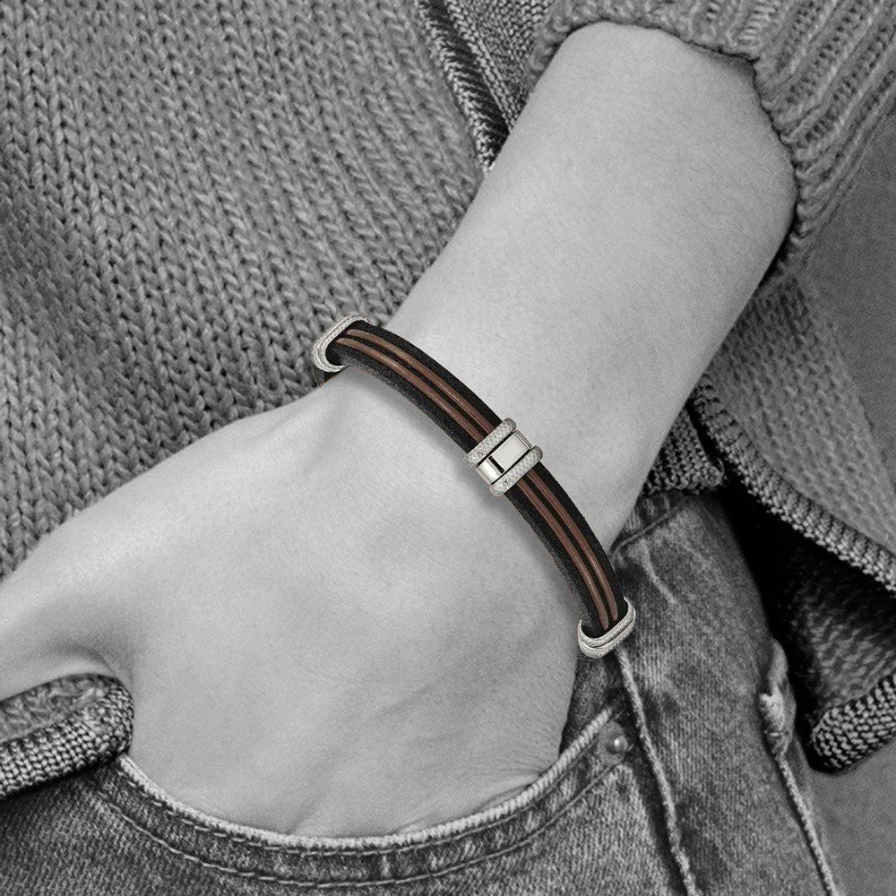 Men's 8mm Stainless Steel, Black & Brown Leather Bracelet, 8.25 Inch