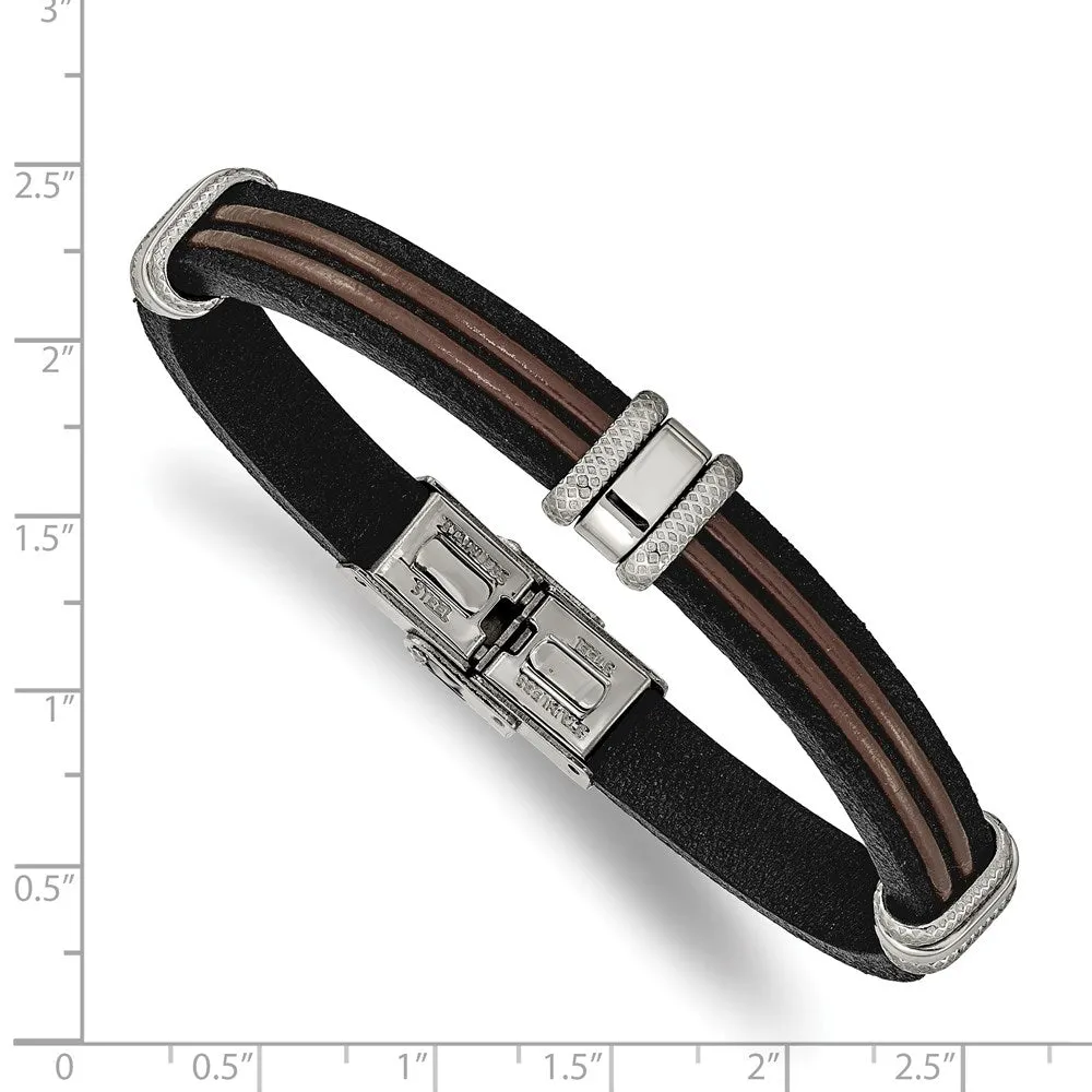 Men's 8mm Stainless Steel, Black & Brown Leather Bracelet, 8.25 Inch