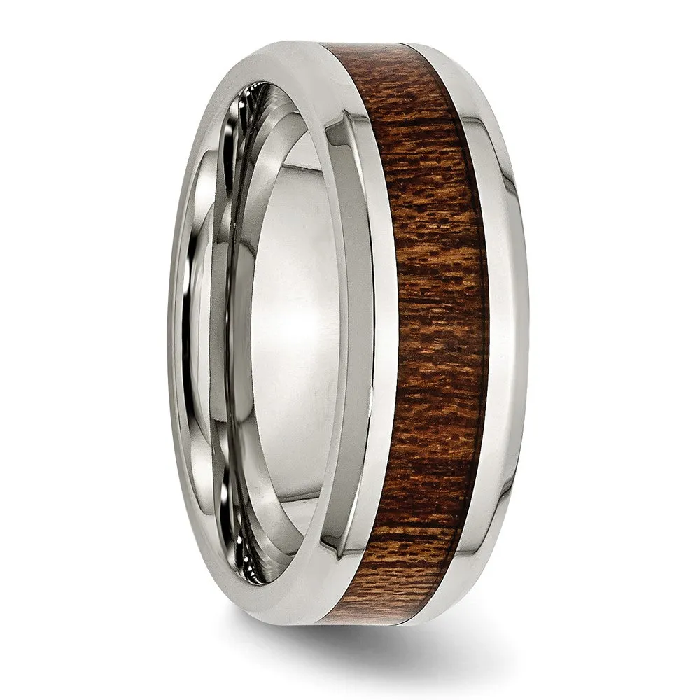 Men's 8mm Stainless Steel Brn Koa Wood Enamel Beveled Comfort Fit Band