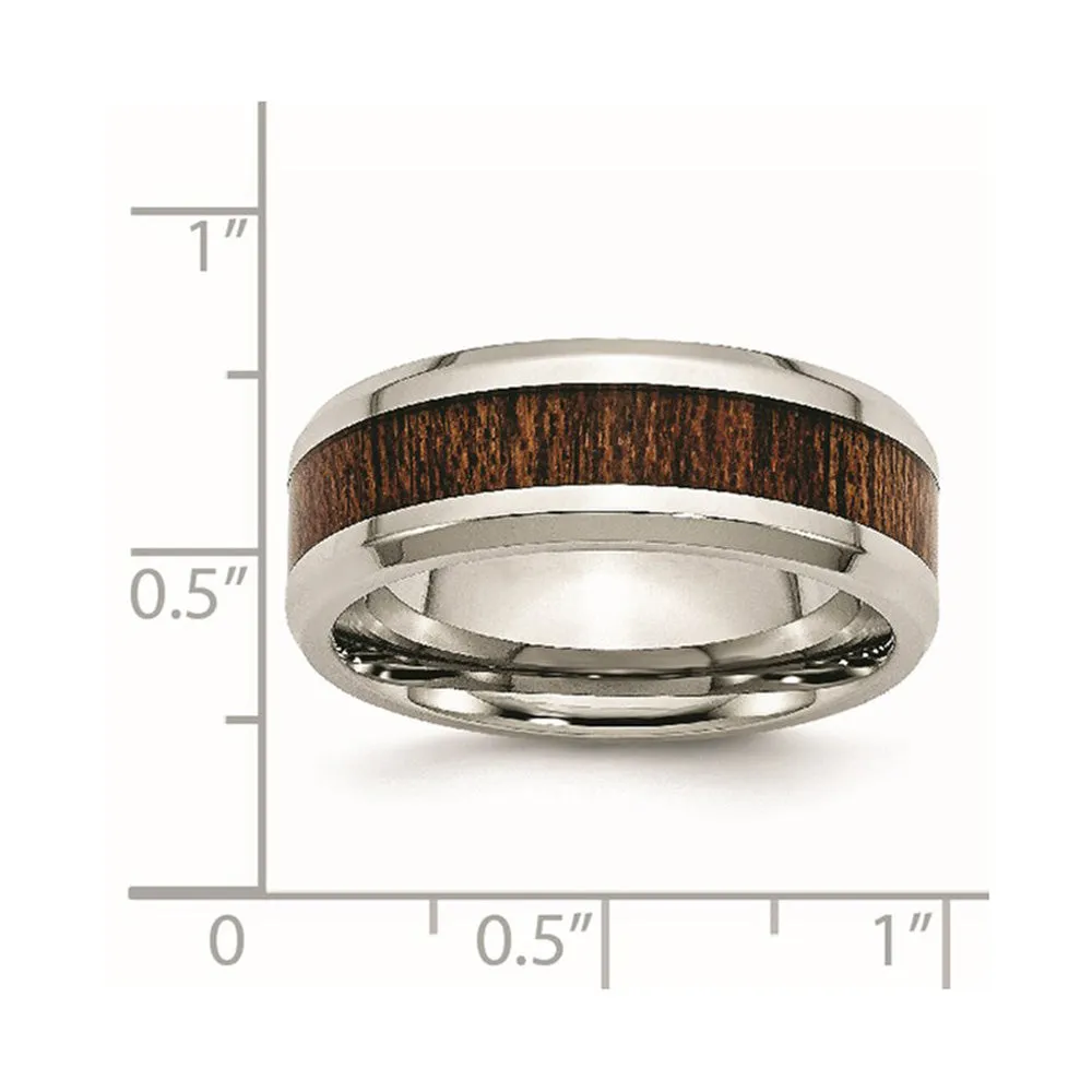 Men's 8mm Stainless Steel Brn Koa Wood Enamel Beveled Comfort Fit Band