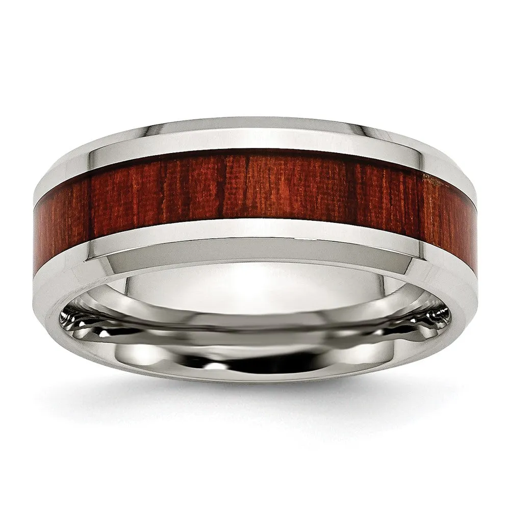 Men's 8mm Stainless Steel Red Koa Wood Enamel Beveled Comfort Fit Band