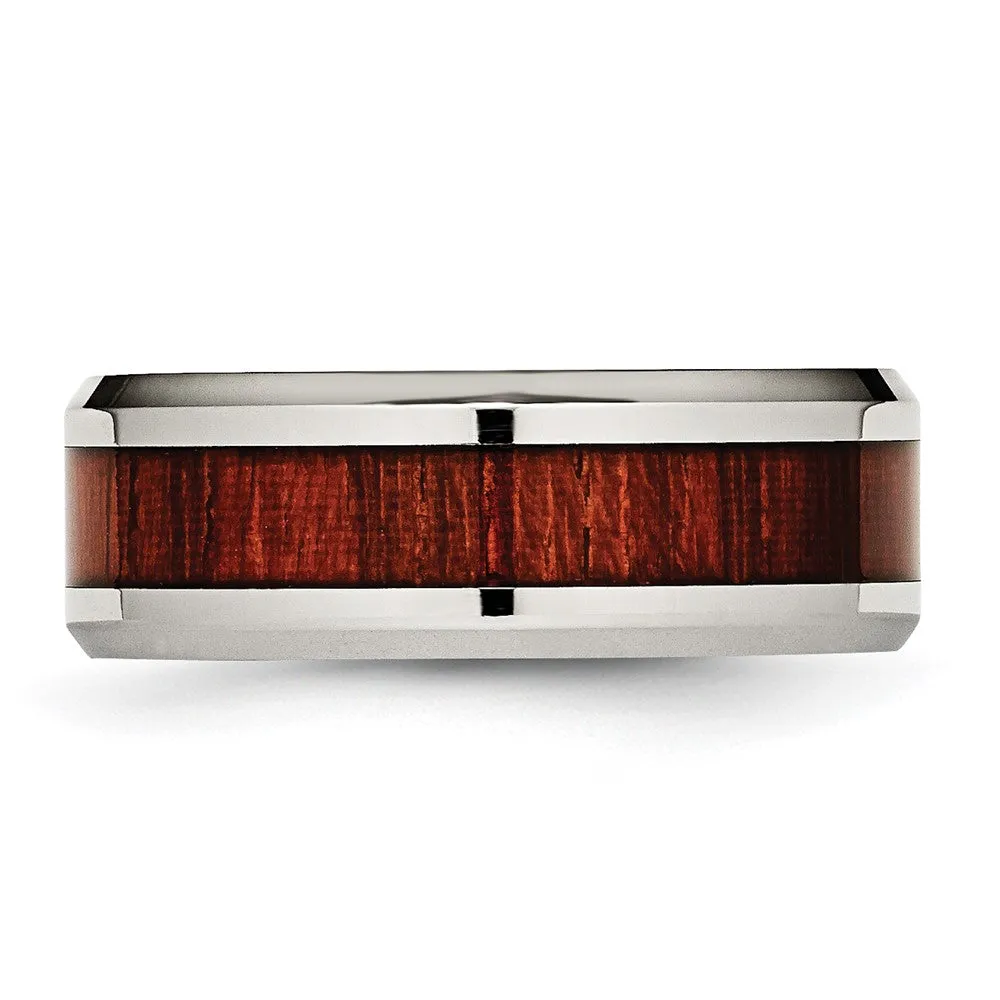 Men's 8mm Stainless Steel Red Koa Wood Enamel Beveled Comfort Fit Band