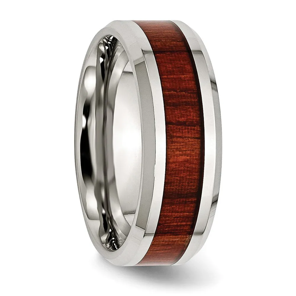 Men's 8mm Stainless Steel Red Koa Wood Enamel Beveled Comfort Fit Band