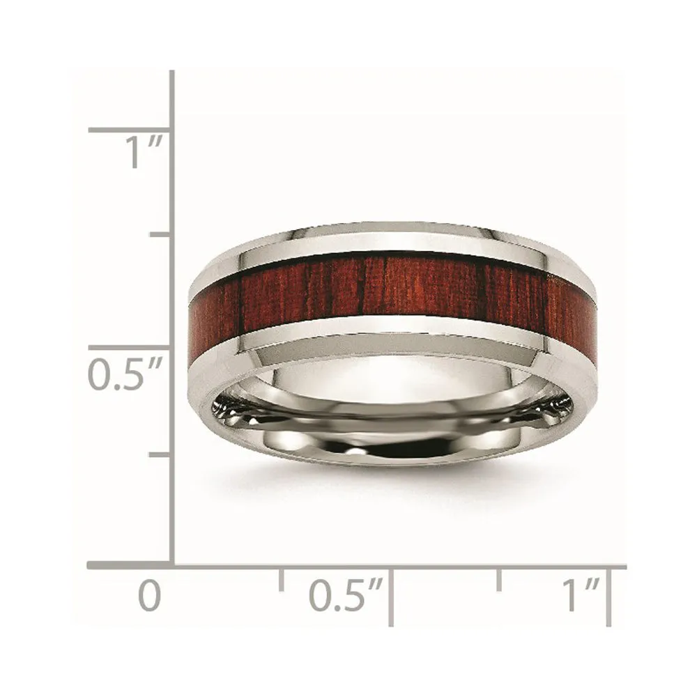 Men's 8mm Stainless Steel Red Koa Wood Enamel Beveled Comfort Fit Band