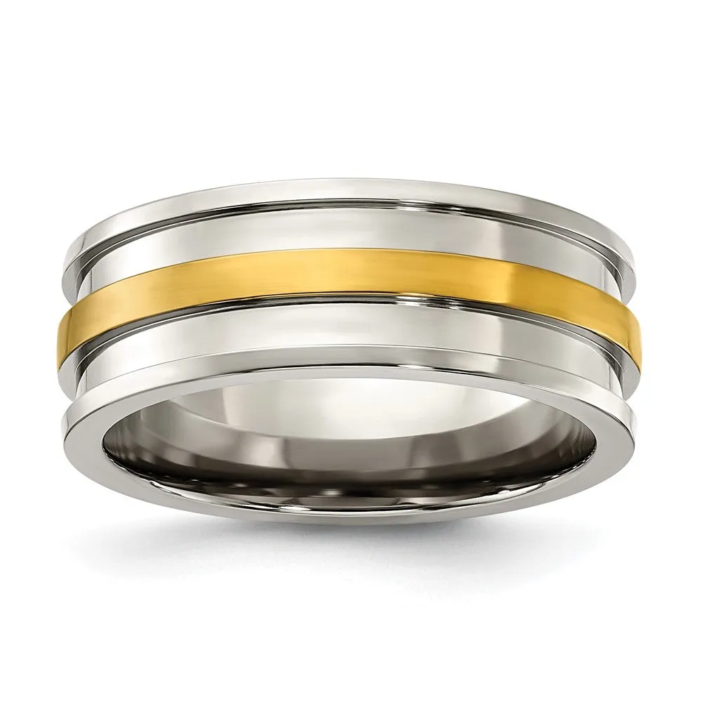 Men's 8mm Titanium & Gold Tone Grooved Standard Fit Band