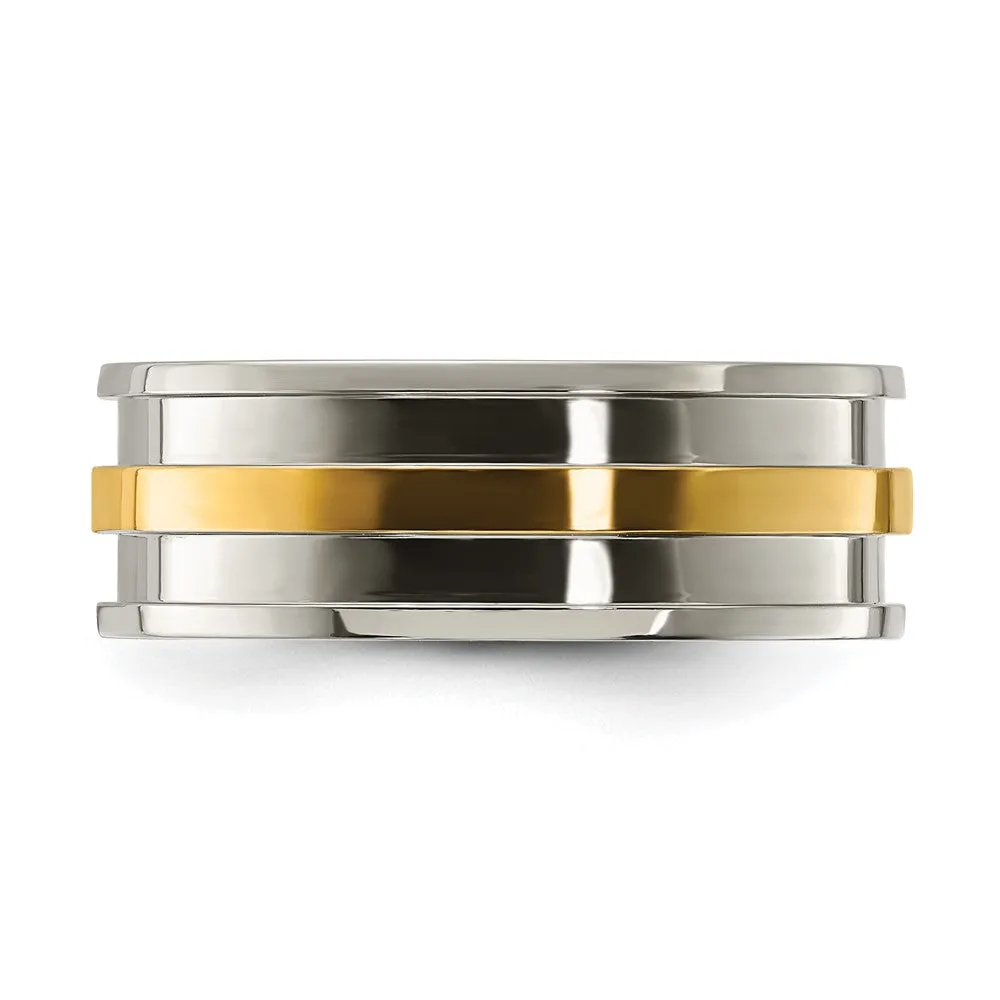 Men's 8mm Titanium & Gold Tone Grooved Standard Fit Band