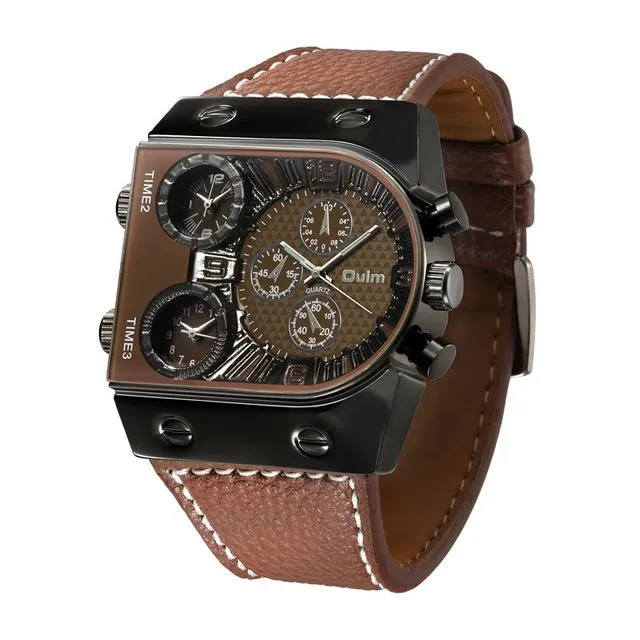 Men's Military Style Leather Strap Multi-Time Zone Quartz Wristwatches