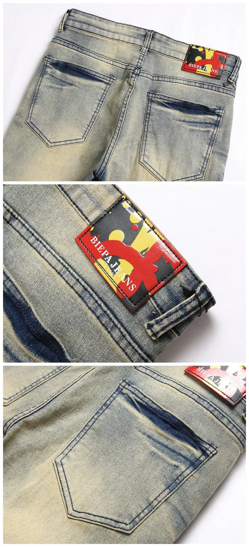 Men's Retro Denim Punk Style Print Pattern Multi-pocket Skinny Jeans