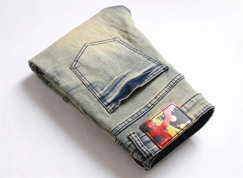 Men's Retro Denim Punk Style Print Pattern Multi-pocket Skinny Jeans