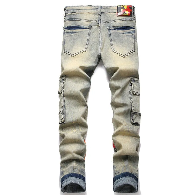 Men's Retro Denim Punk Style Print Pattern Multi-pocket Skinny Jeans