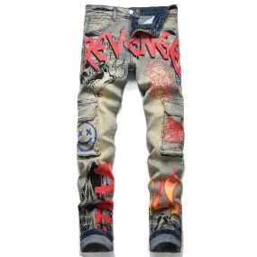 Men's Retro Denim Punk Style Print Pattern Multi-pocket Skinny Jeans