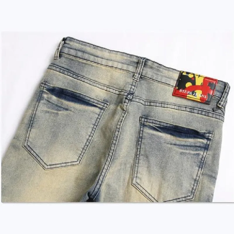 Men's Retro Denim Punk Style Print Pattern Multi-pocket Skinny Jeans