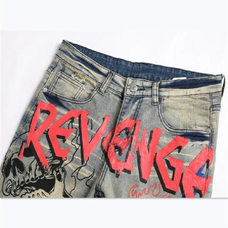 Men's Retro Denim Punk Style Print Pattern Multi-pocket Skinny Jeans