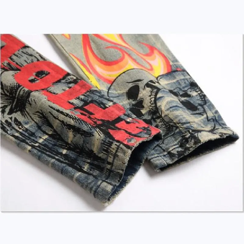 Men's Retro Denim Punk Style Print Pattern Multi-pocket Skinny Jeans