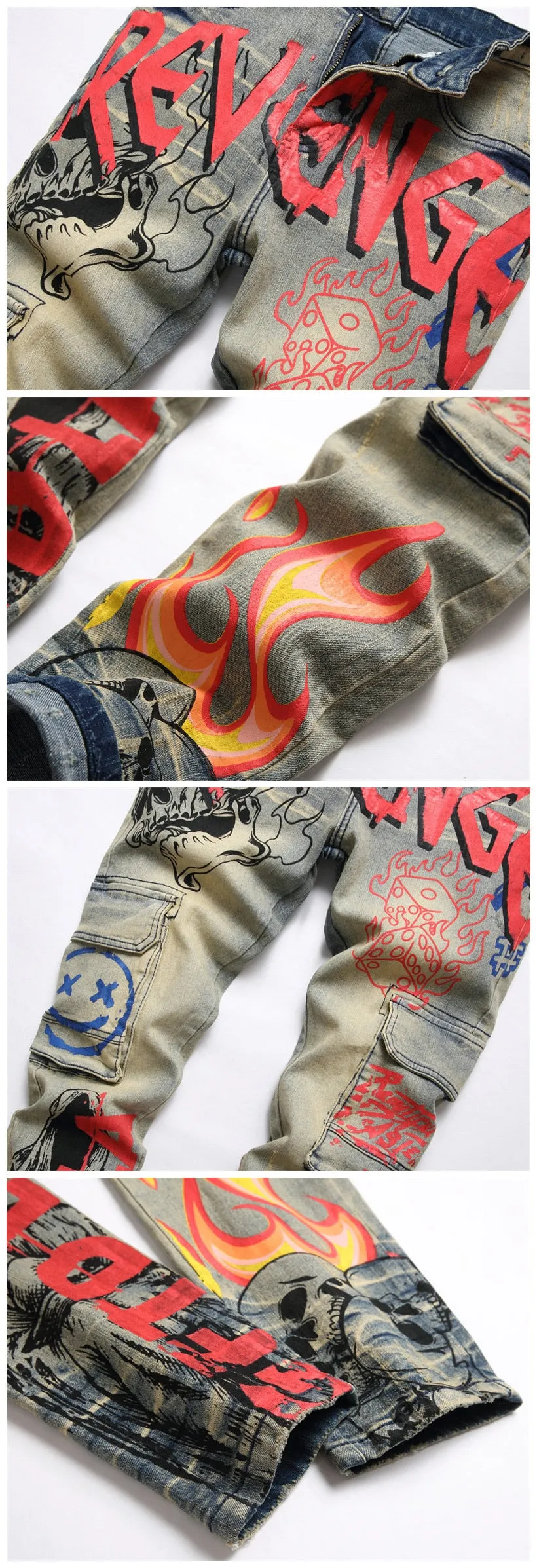 Men's Retro Denim Punk Style Print Pattern Multi-pocket Skinny Jeans