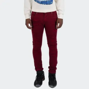 Men's TWO MILL TWENTY LaSalle Slim Skinny Ripped Torn Stitched Patched Urban Streetwear Designer Denim Jeans Burgundy