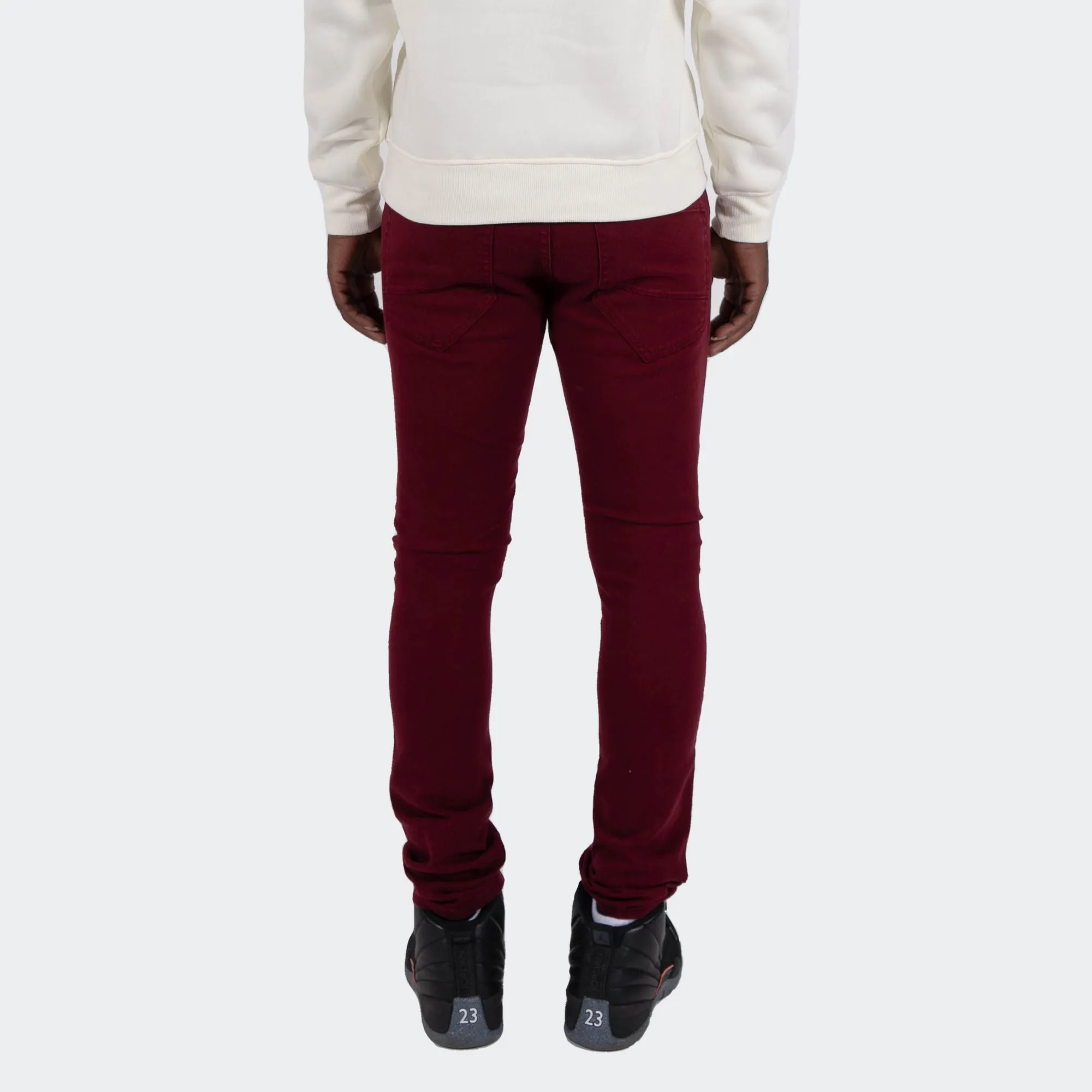 Men's TWO MILL TWENTY LaSalle Slim Skinny Ripped Torn Stitched Patched Urban Streetwear Designer Denim Jeans Burgundy