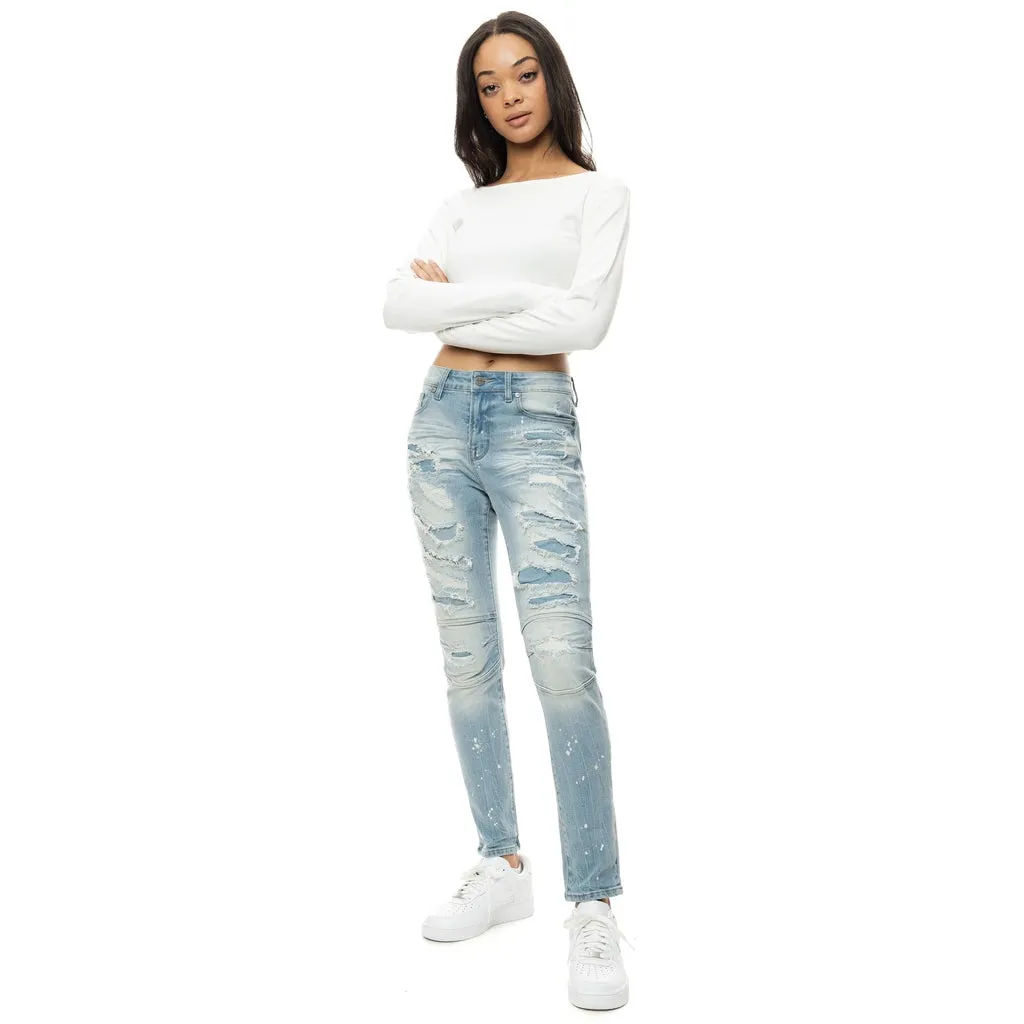 Mid Rise Super Skinny Heavy Ripoff Jeans - Speckle Blue