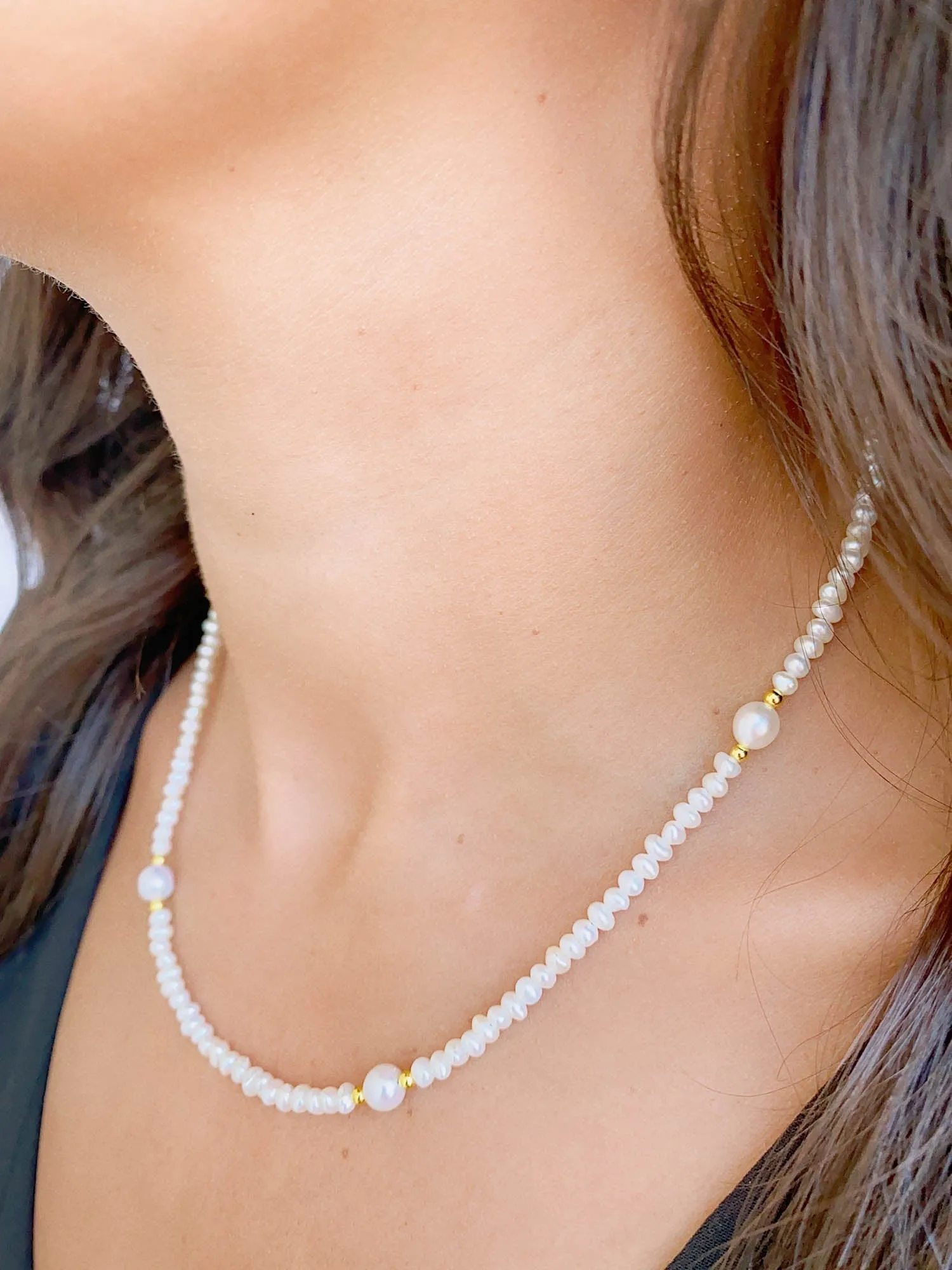 Mini Pearl with Gold Accent Necklace Choker with 14K Gold Filled Clasp and Extension P1036