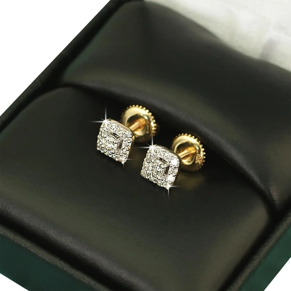 Mini Square Halo Diamond Earrings .34cttw 10K Yellow Gold