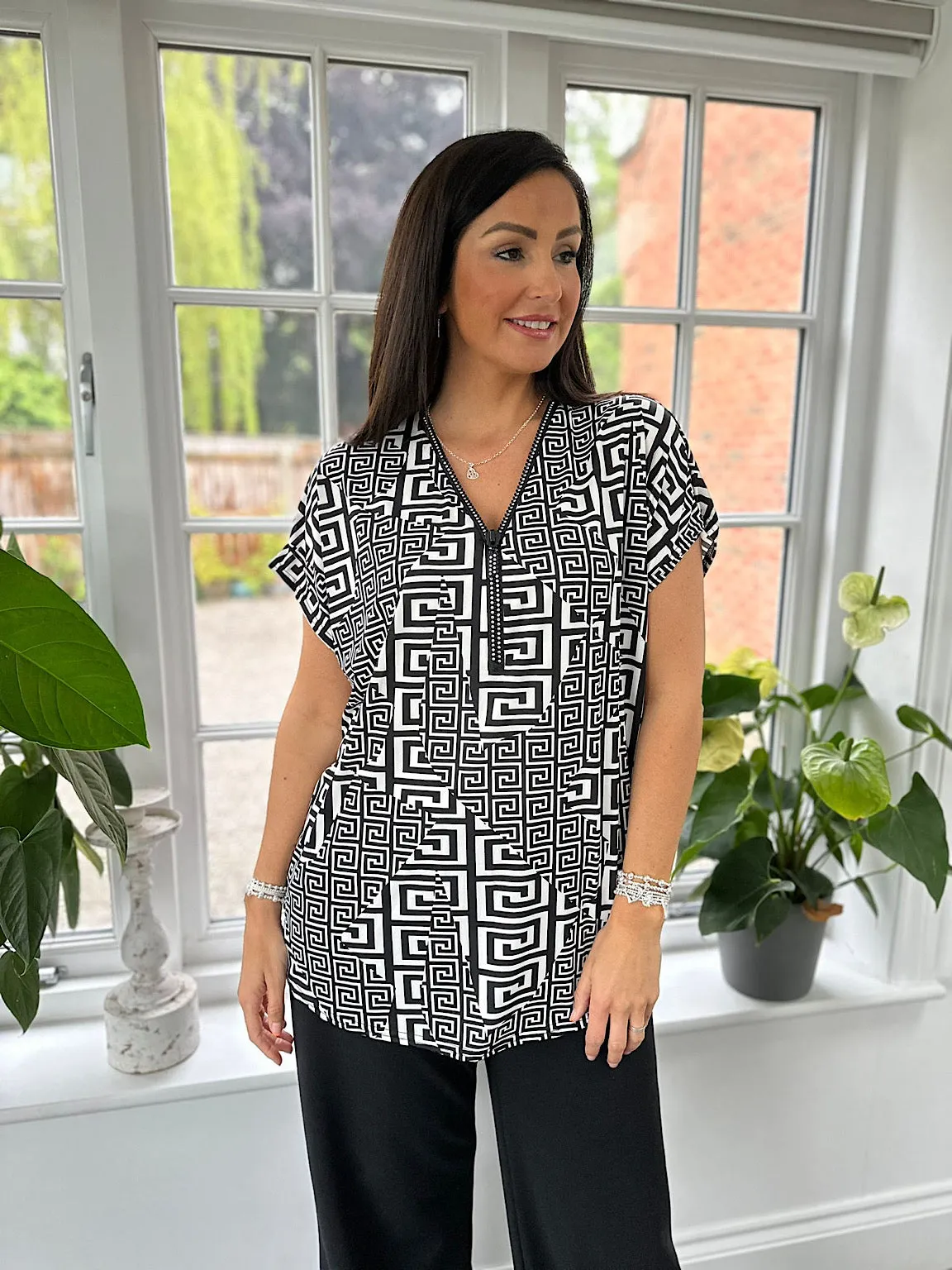 Monochrome Greek Key Diamante Zip Top Cassie