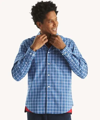 Nautica Mens Slim Fit Wrinkle-Resistant Plaid Wear To Work Shirt