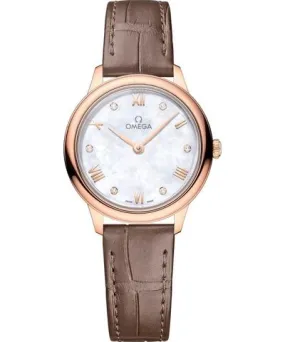 Omega De Ville Prestige Quartz 27.5mm Mother of Pearl Diamond Dial 18K Rose Gold Taupe Leather Strap Women's Watch 434.53.28.60.