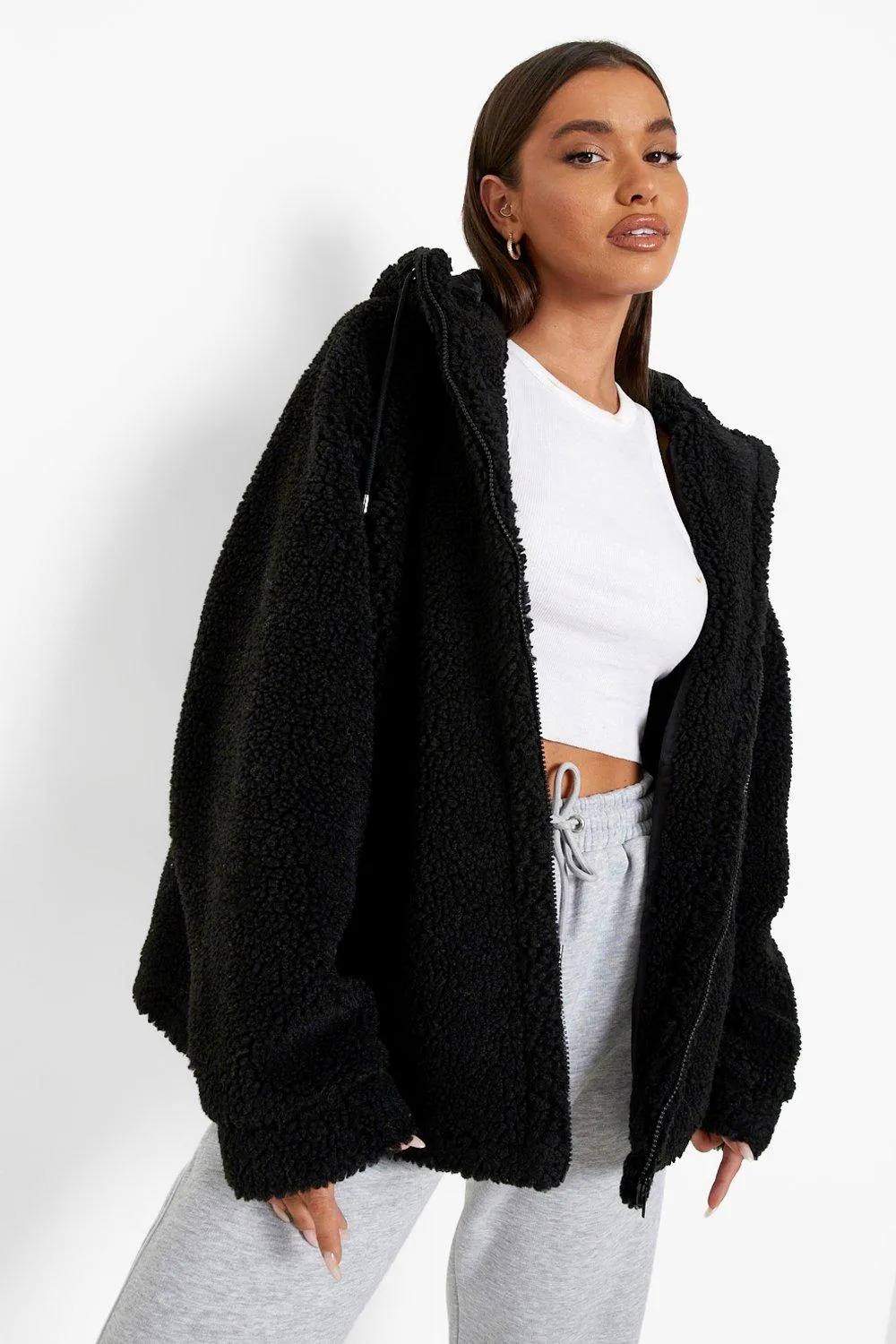 Oversized Contrast Detail Teddy Jacket