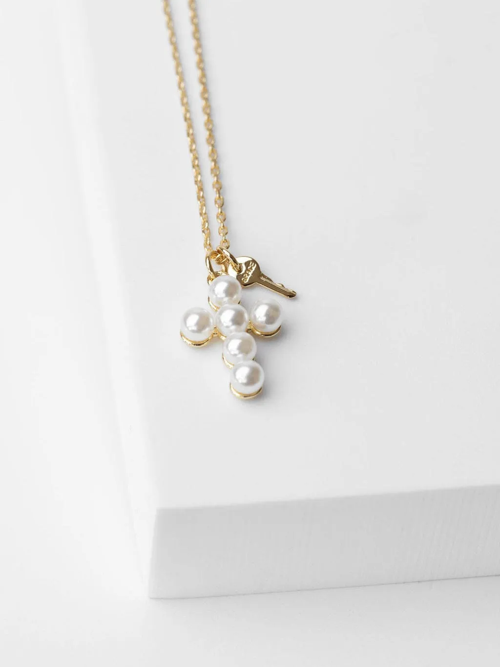 Pearl Cross and Mini Key Necklace