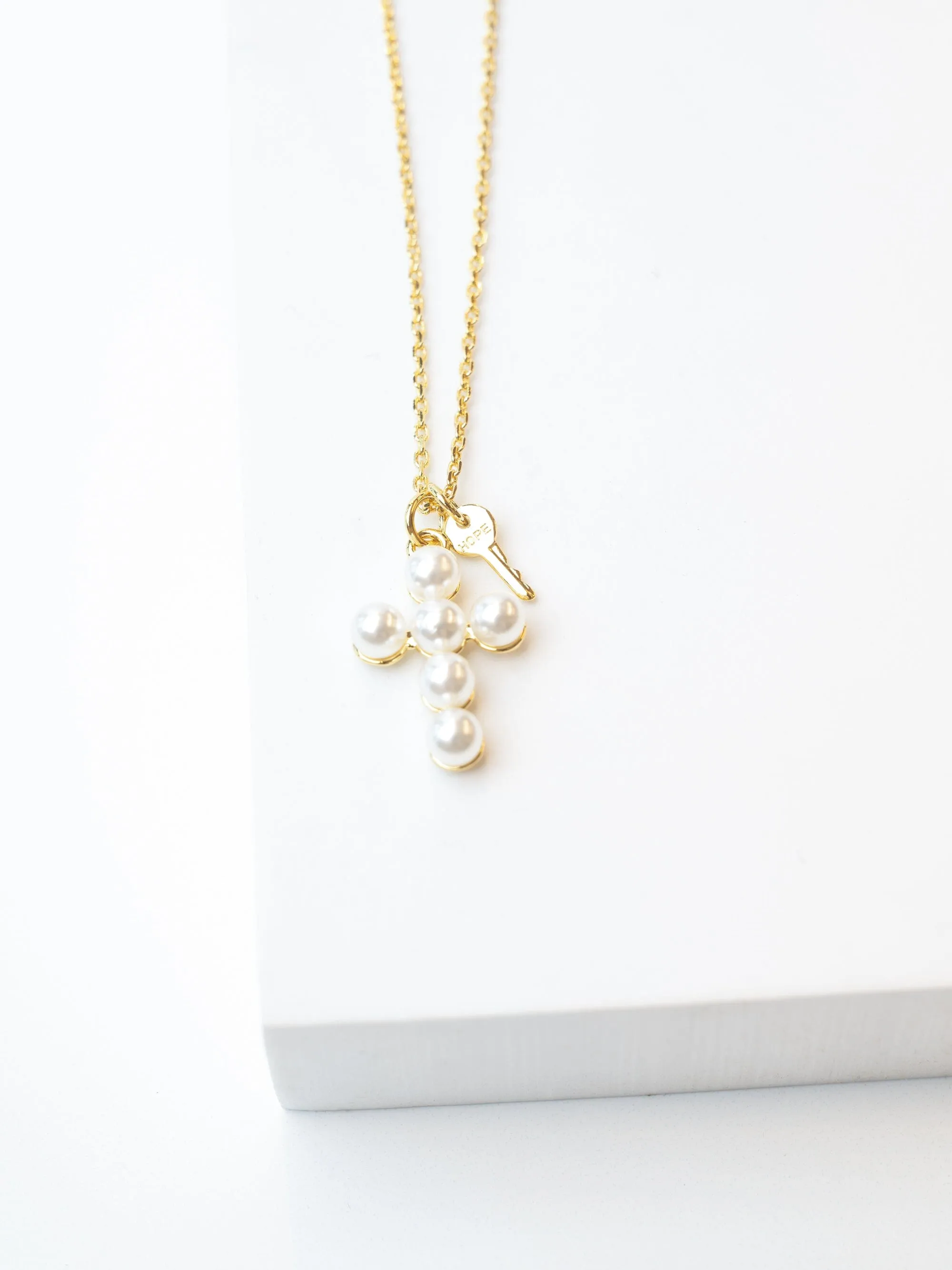 Pearl Cross and Mini Key Necklace