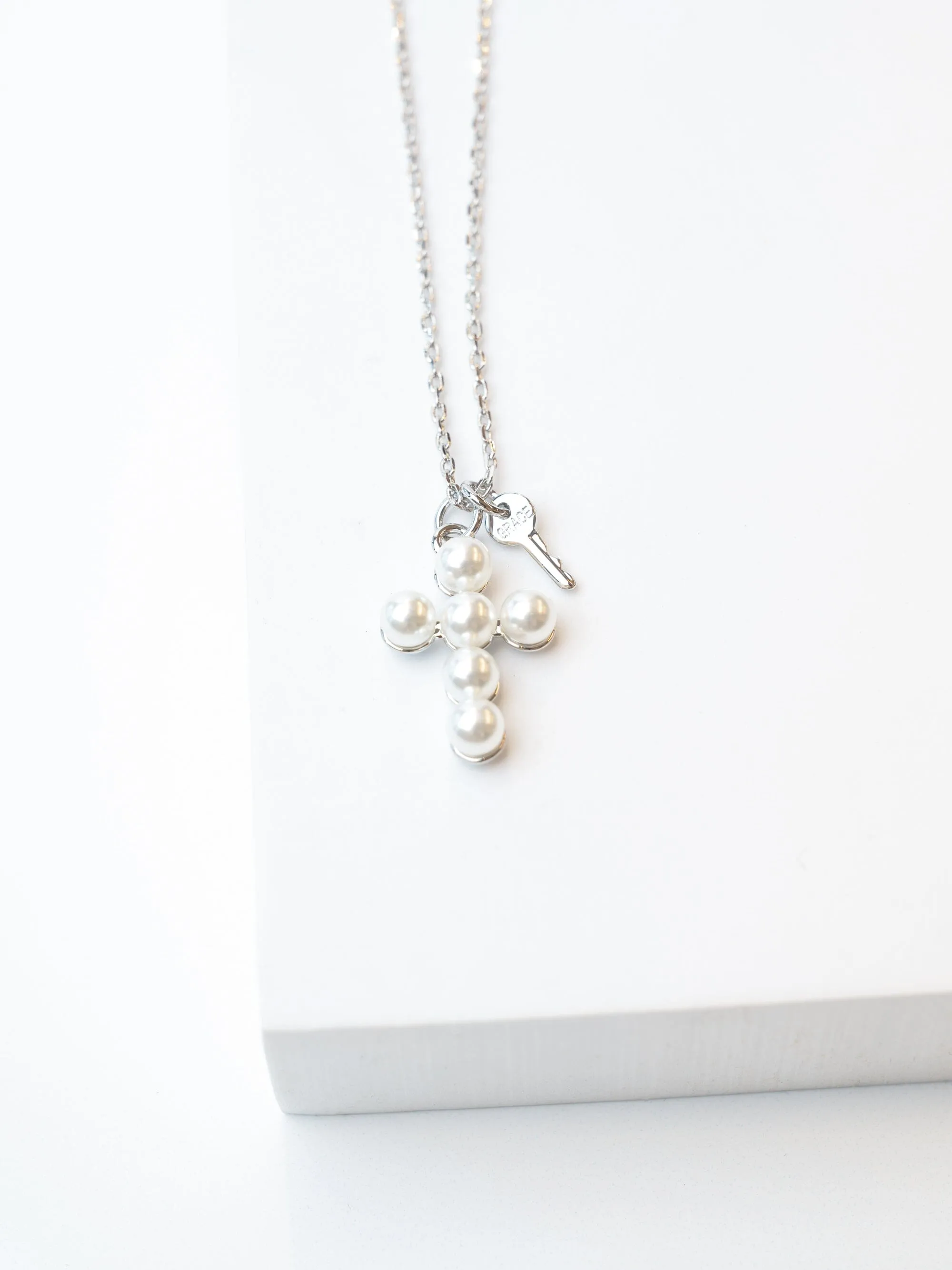 Pearl Cross and Mini Key Necklace