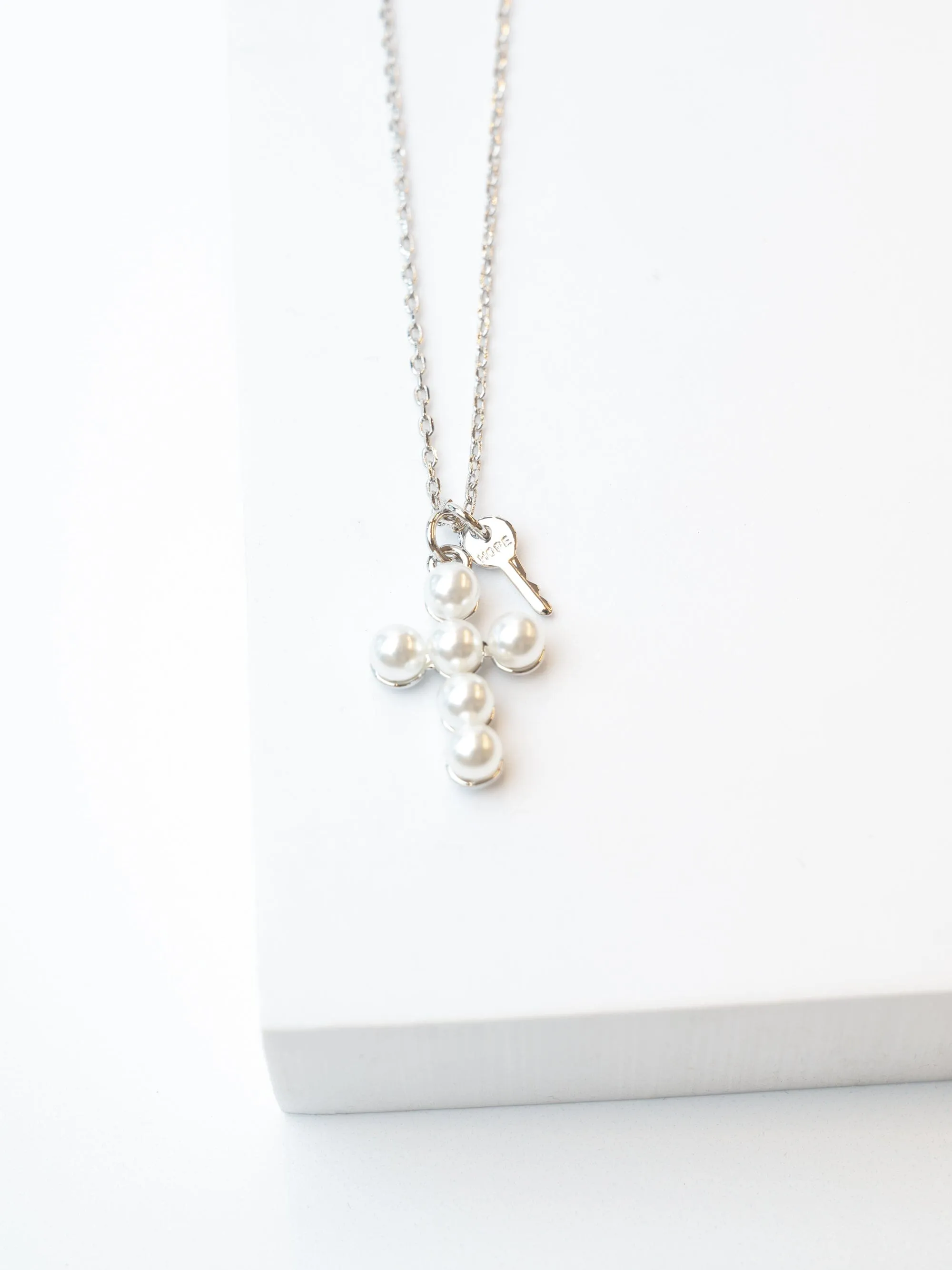 Pearl Cross and Mini Key Necklace