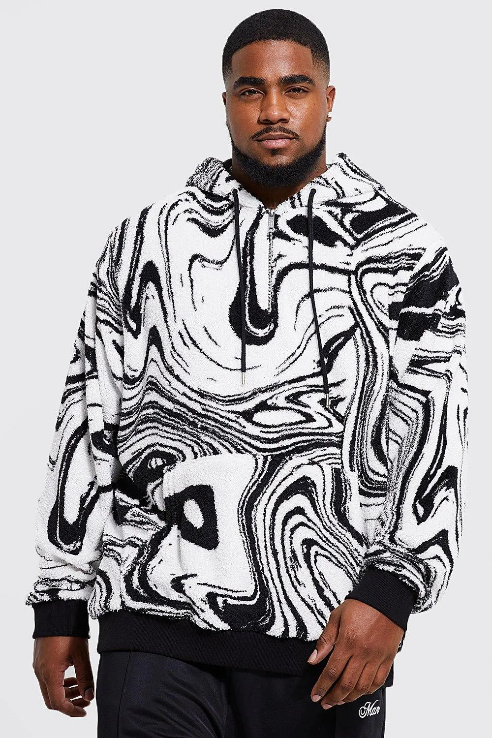 Plus Marble Print Borg Hoodie | boohooMAN UK