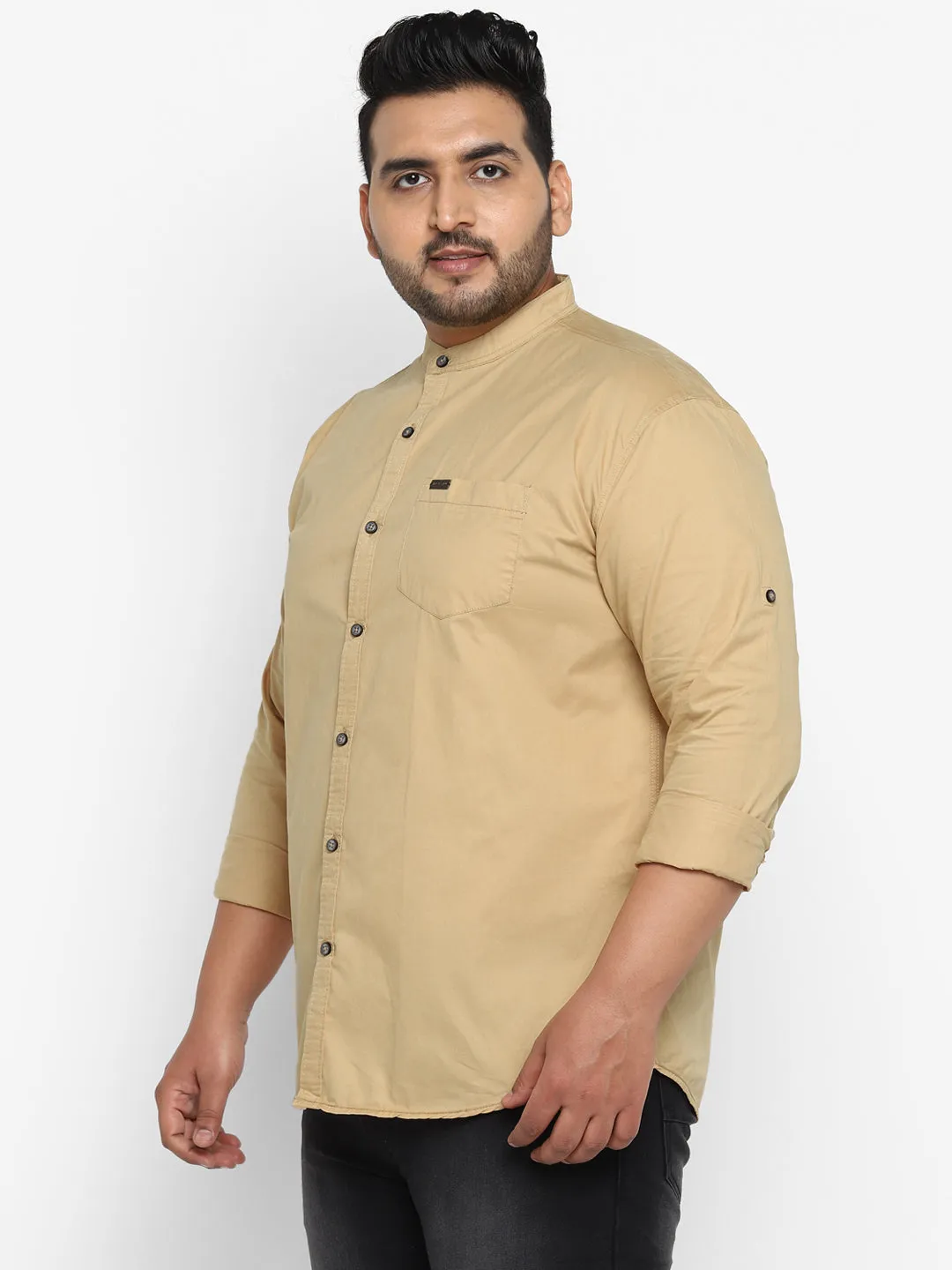 Plus Men Khaki Solid Cotton Casual Shirt