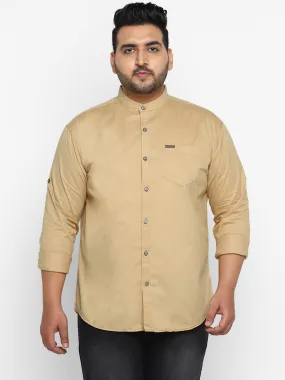 Plus Men Khaki Solid Cotton Casual Shirt