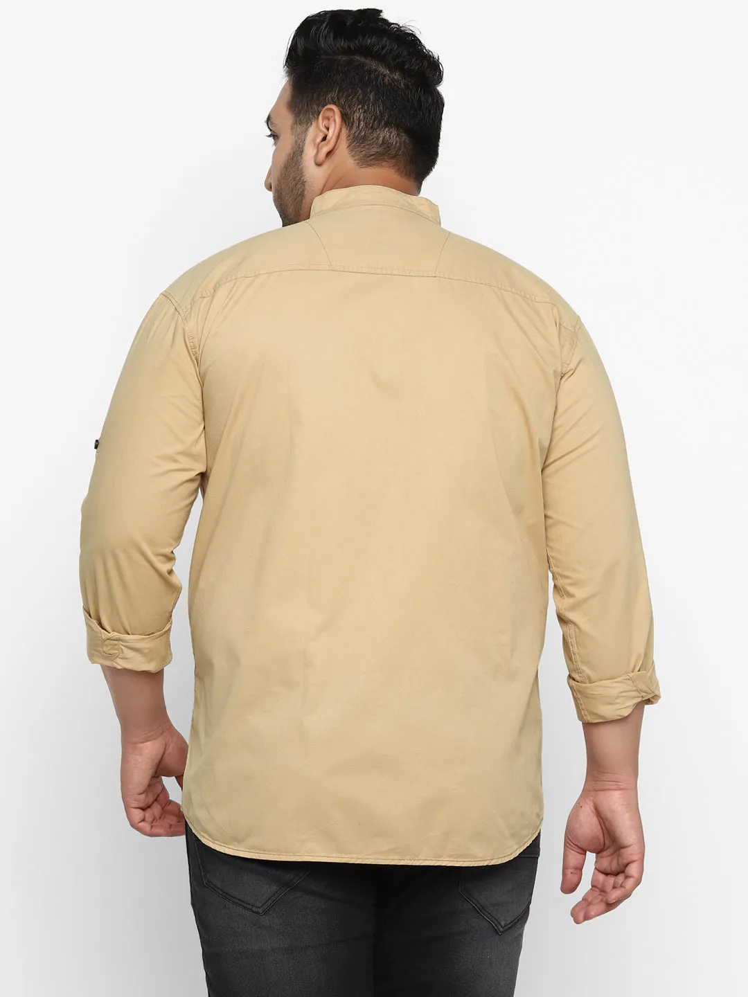 Plus Men Khaki Solid Cotton Casual Shirt